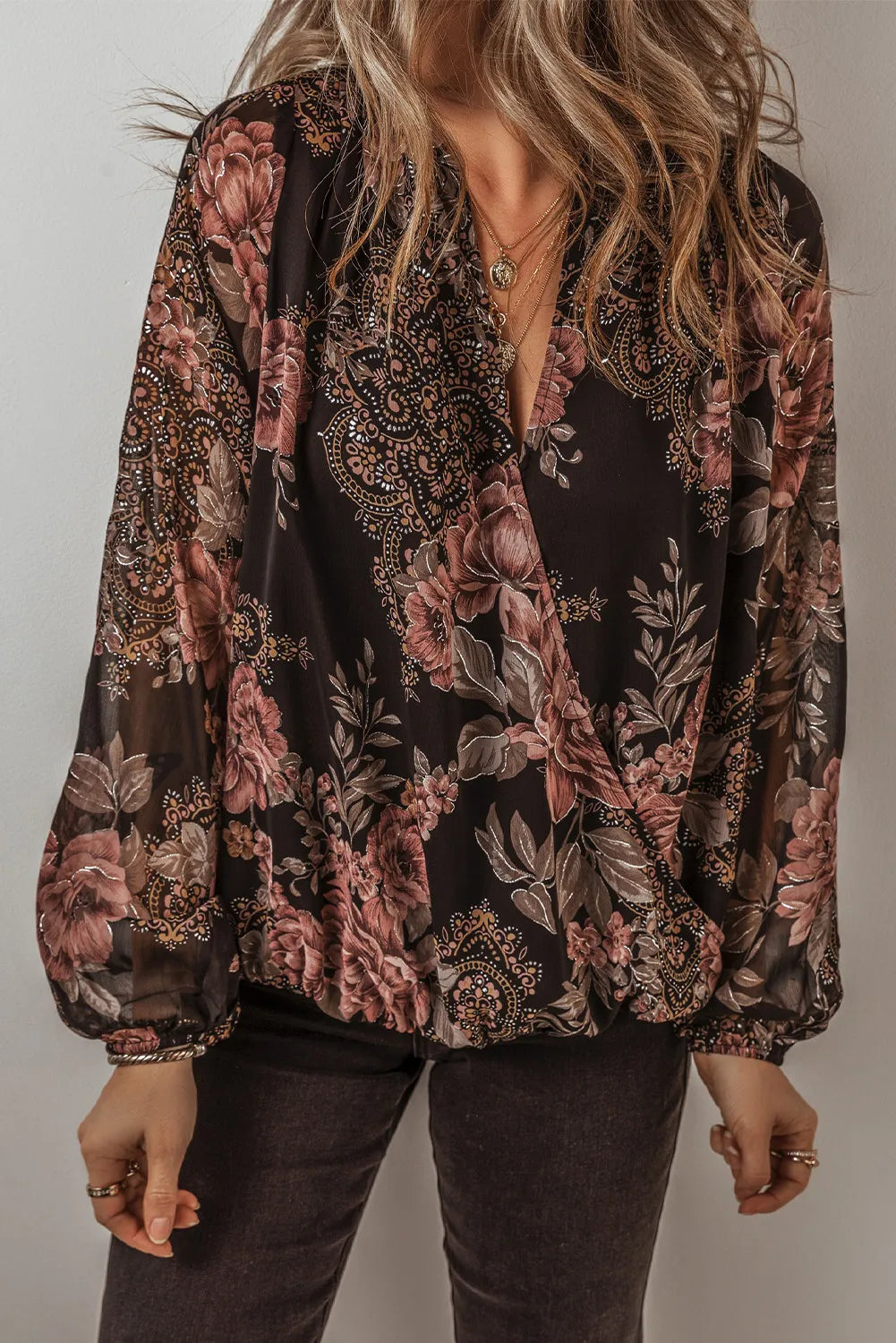 Printed Surplice Long Sleeve Blouse Black