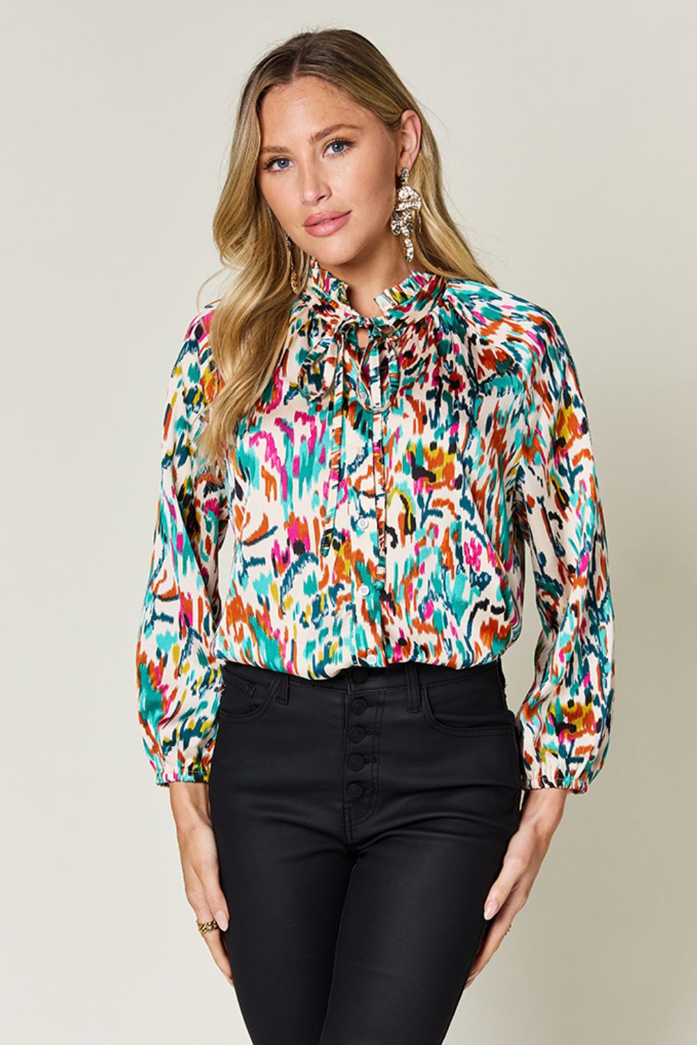 Printed Long Sleeve Button-Down Top Teal