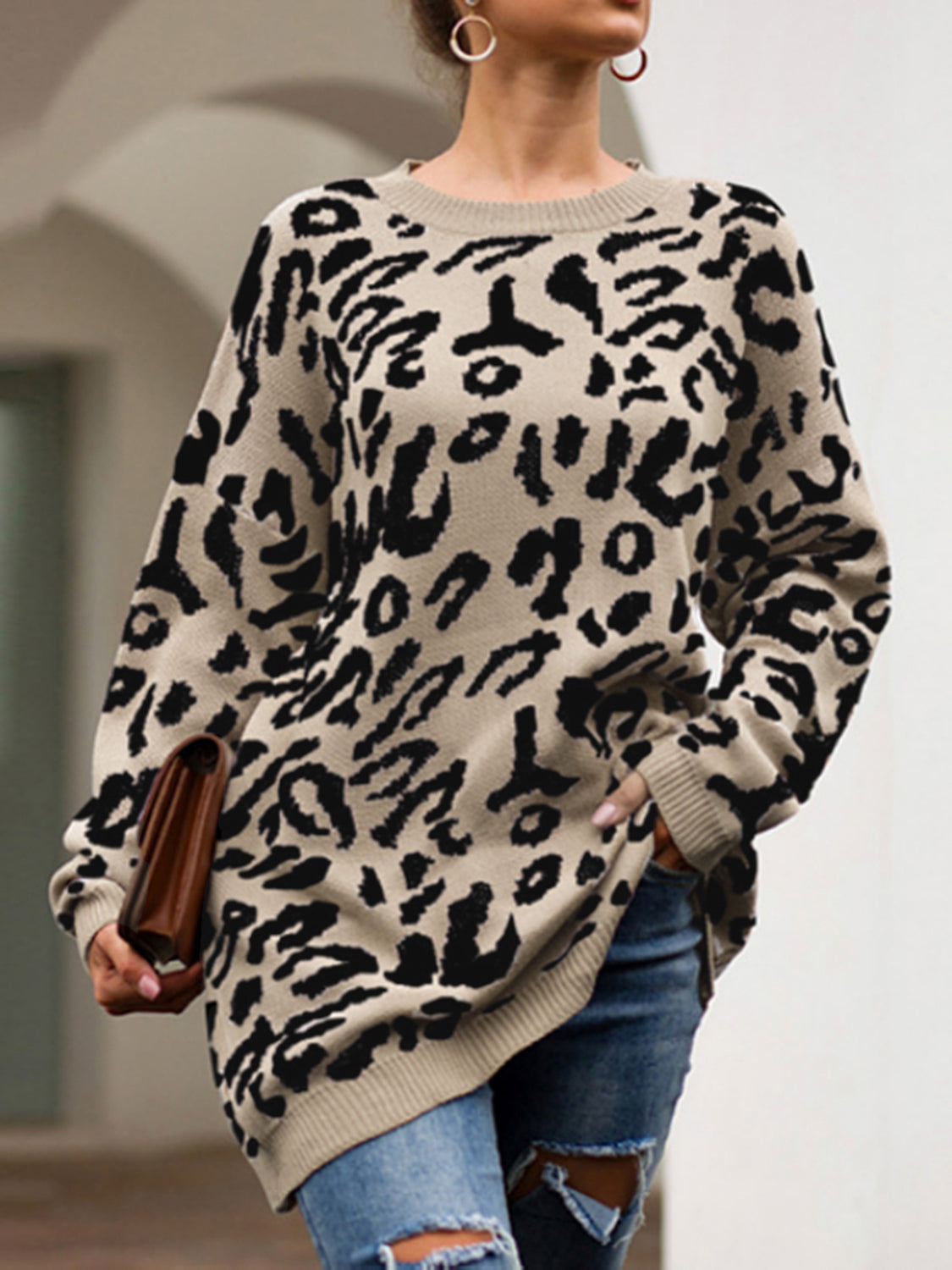 Leopard Round Neck Tunic Sweater Camel