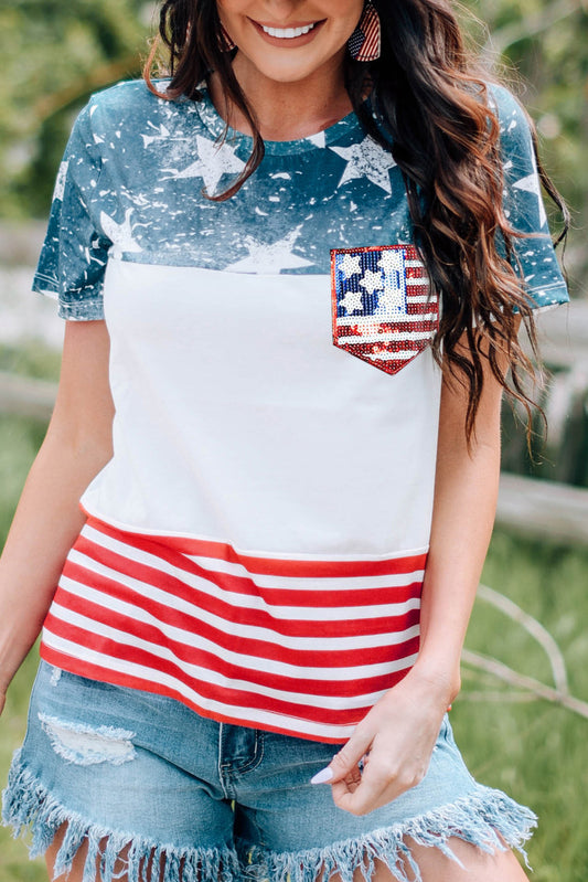 US Flag Round Neck Short Sleeve T-Shirt White