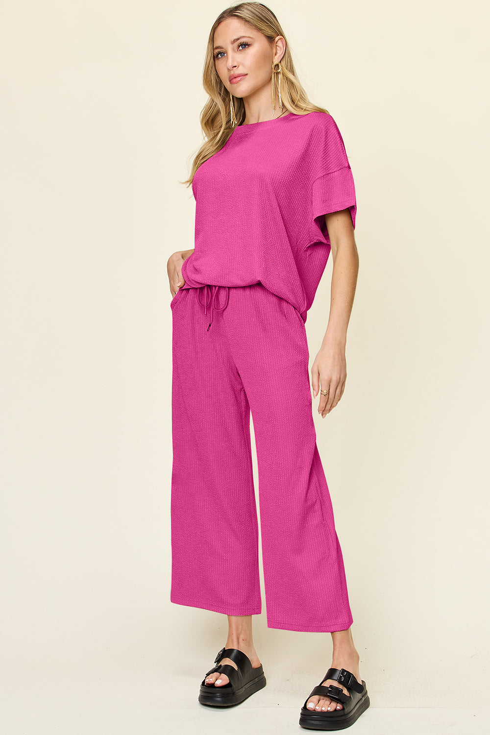 Textured Knit Top and Wide Leg Pant Set Hot Pink