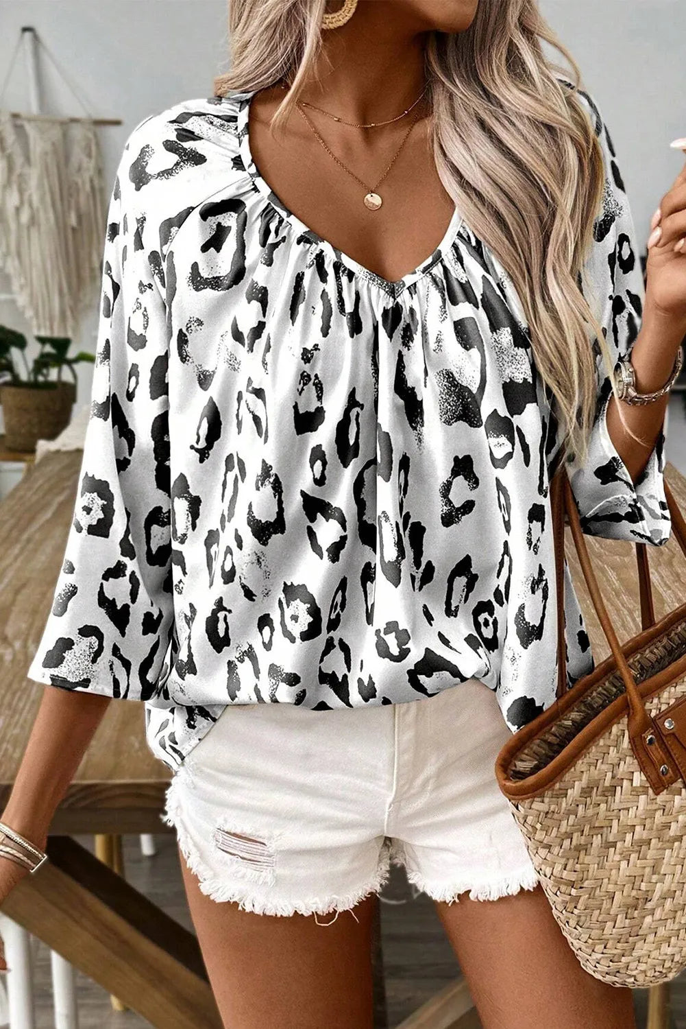 Leopard V-Neck Three-Quarter Sleeve Blouse Black