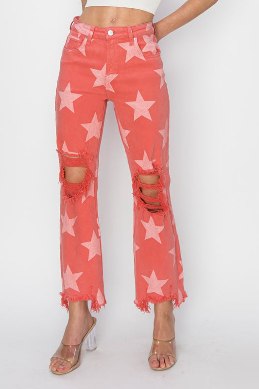 RISEN Full Size Distressed Raw Hem Star Pattern Jeans Peach Blossom