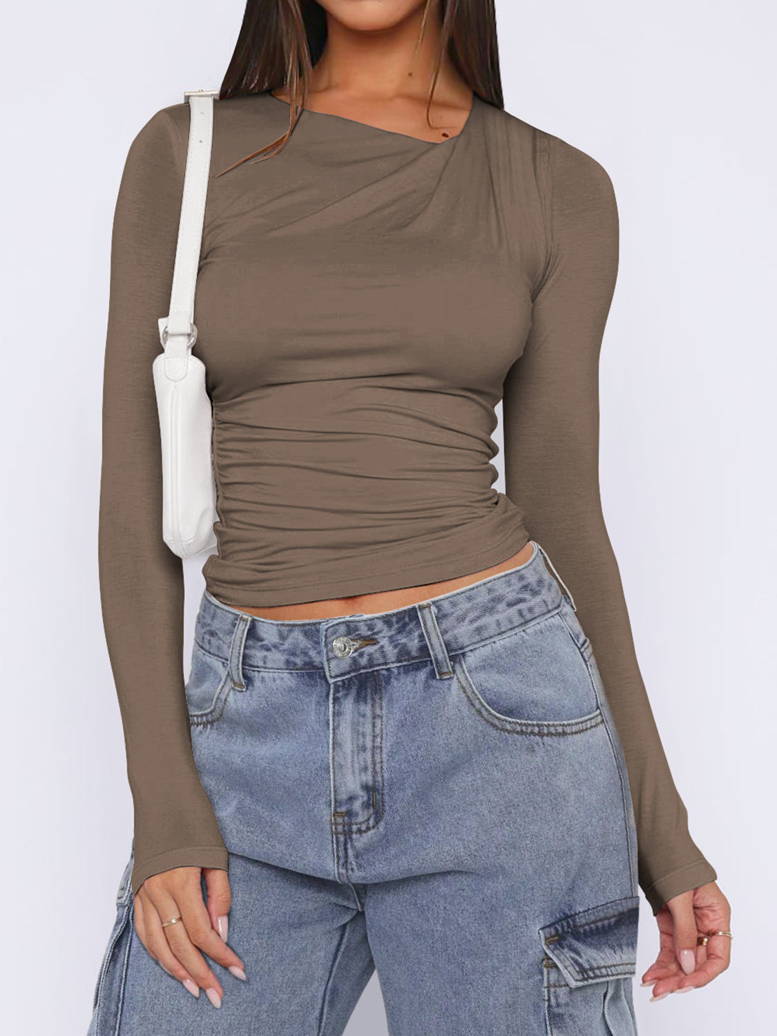 Ruched Asymmetrical Neck Long Sleeve T-Shirt Mocha