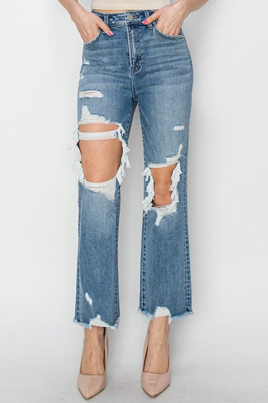 RISEN High Rise Distressed Crop Straight Jeans Medium