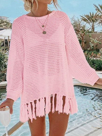 Boho Openwork Tassel Hem Knit Kimono Blush Pink