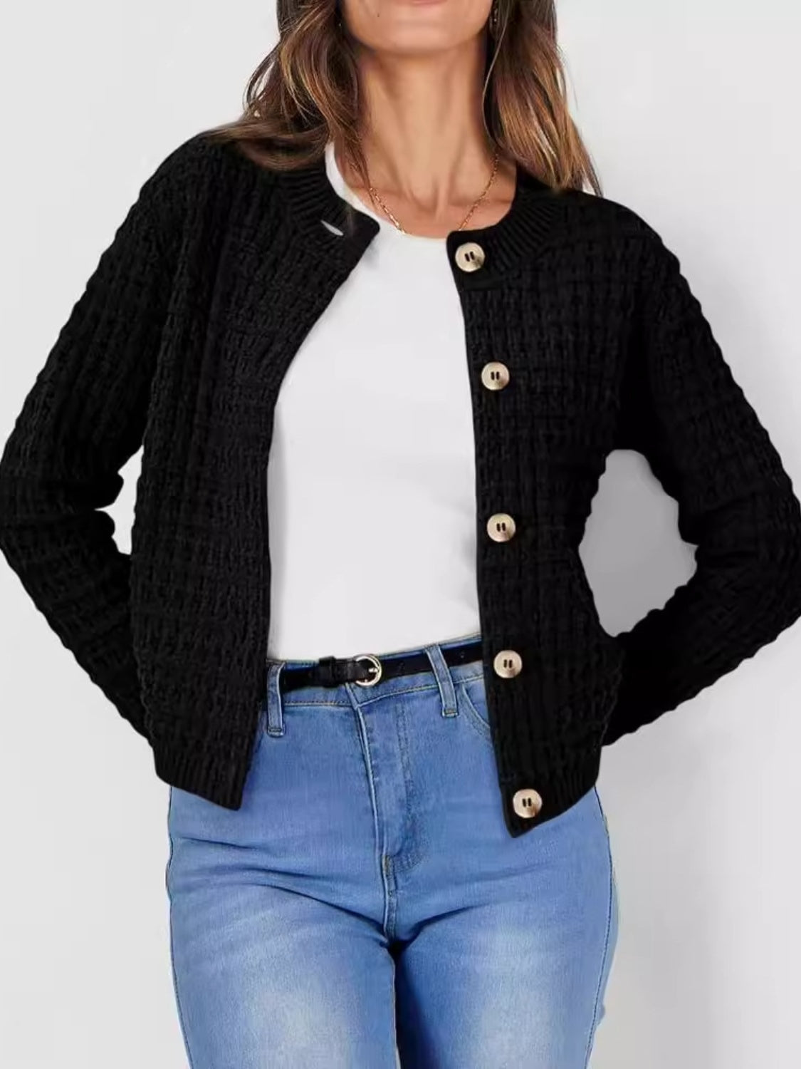 Button Up Round Neck Long Sleeve Cardigan Black