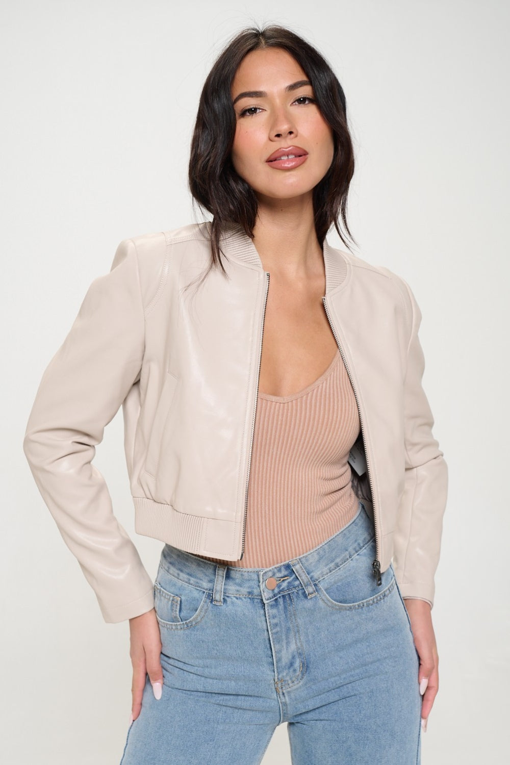 Women's Vegan Cropped Bomber Jacket Cream