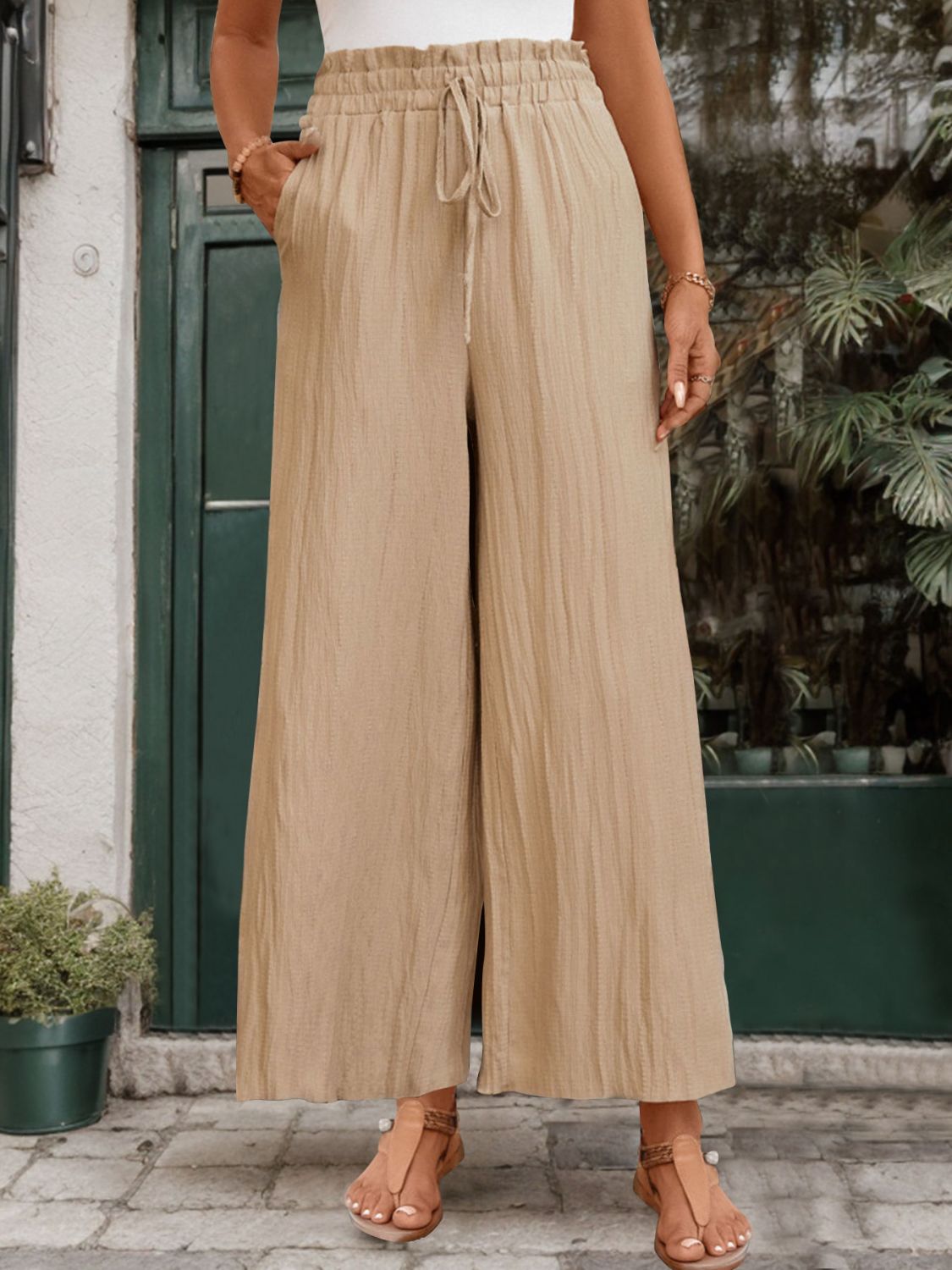 Frill Wide Leg Pants Tan