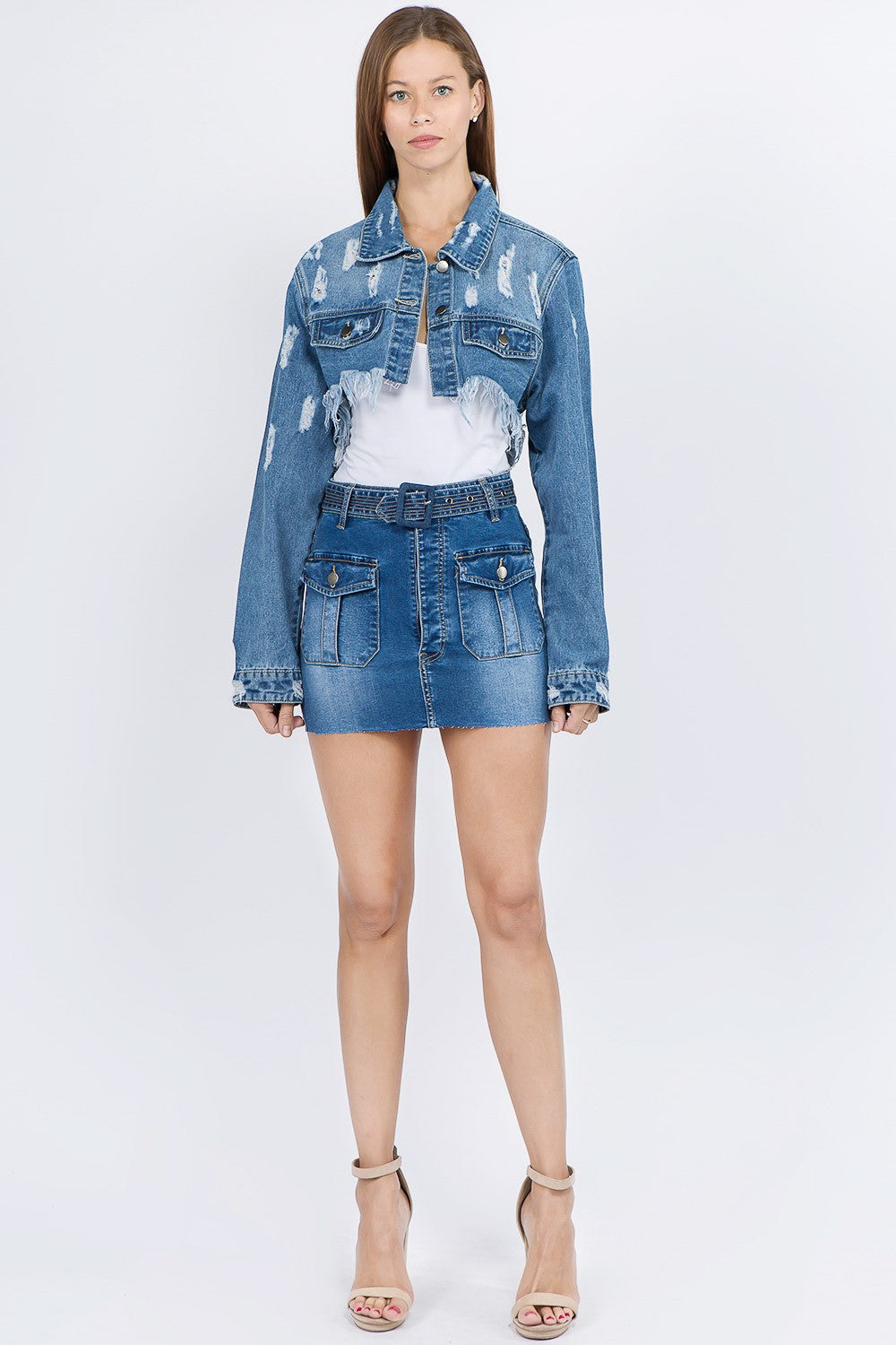 Women's Distressed Denim Crop Jacket