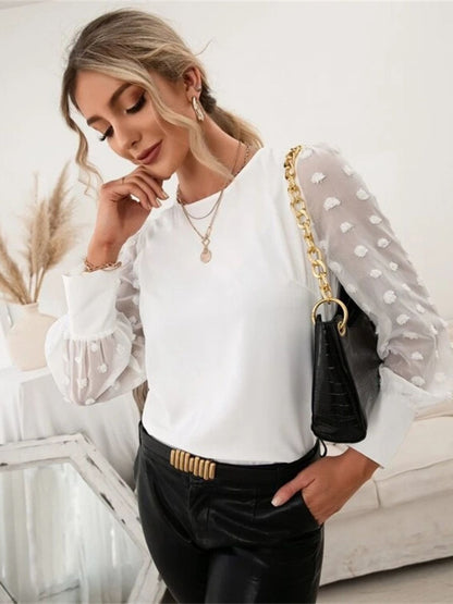 Swiss Dot Round Neck Long Sleeve Blouse White