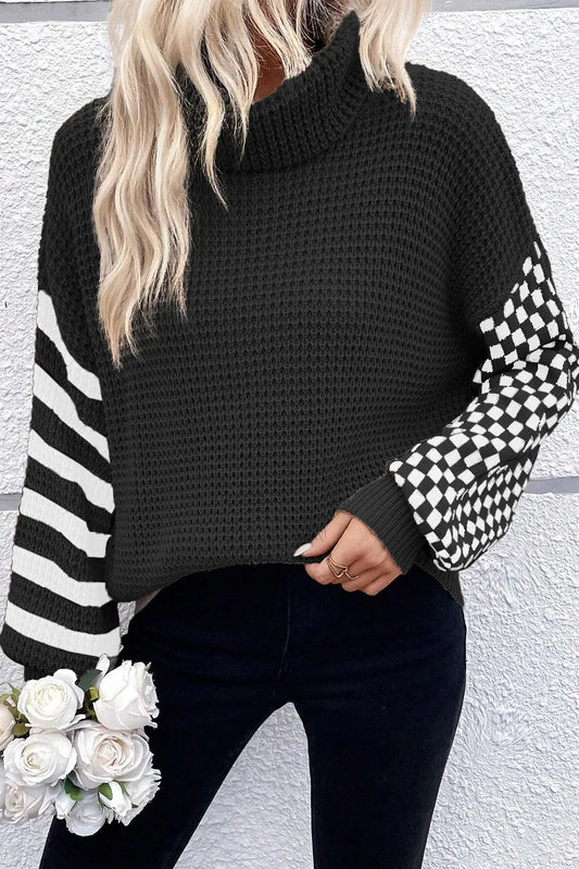 Checkered Striped Turtleneck Long Sleeve Sweater Black