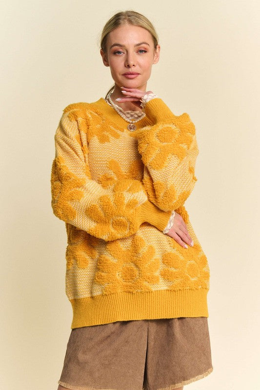 Davi & Dani Flower Texture Round Neck Dropped Shoulder Sweater Gold