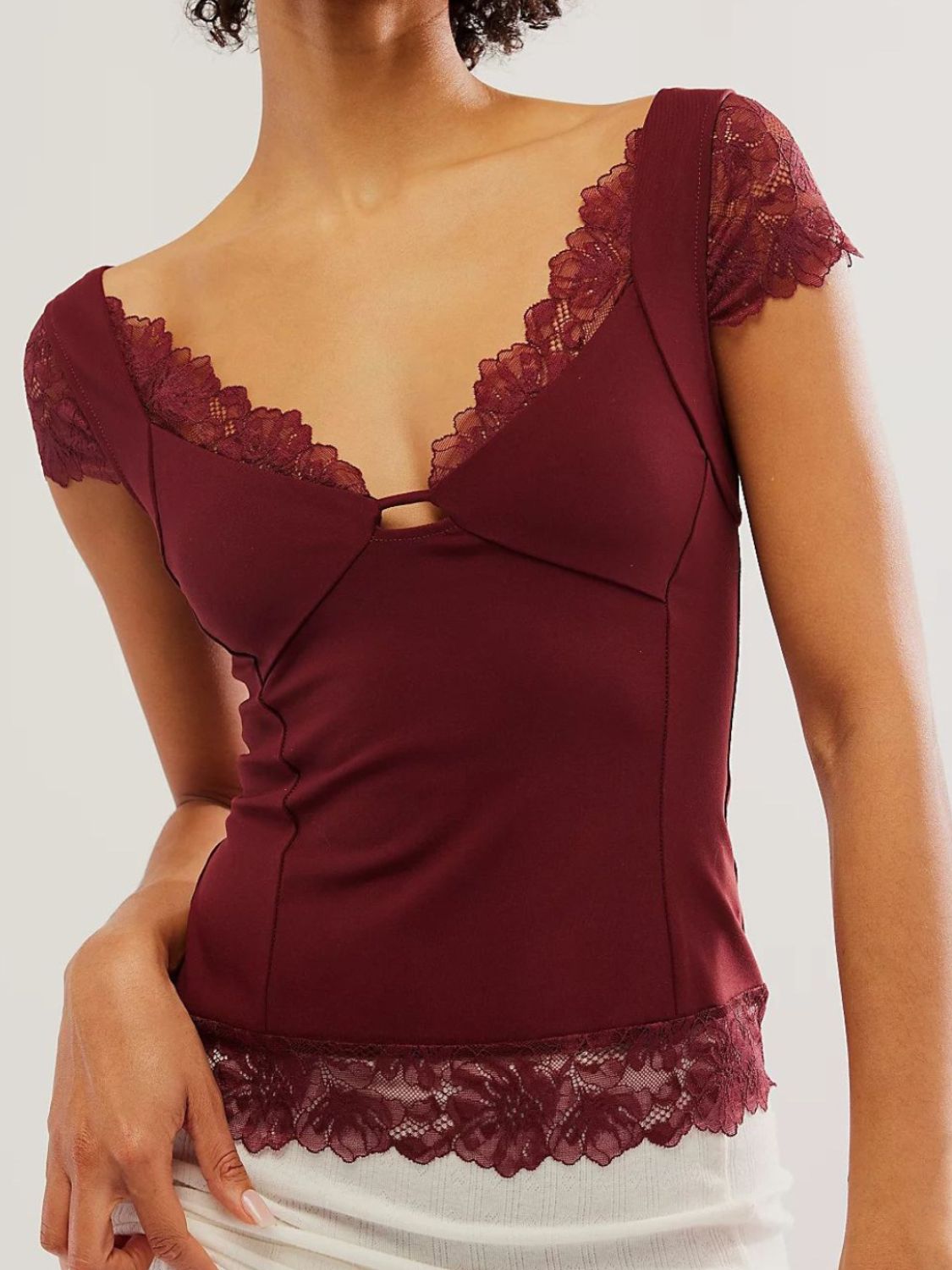 Lace Detail V-Neck Cap Sleeve Top Burgundy