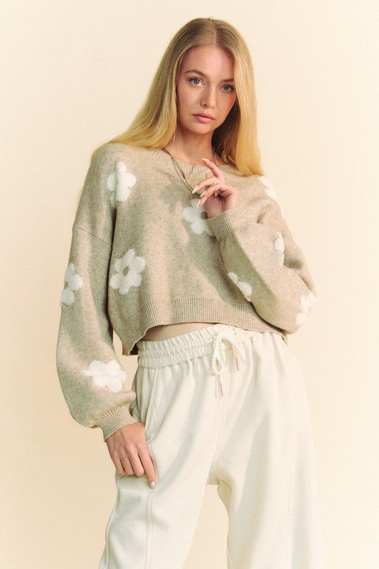 Davi & Dani Floral Drop Shoulder Cropped Sweater Tan