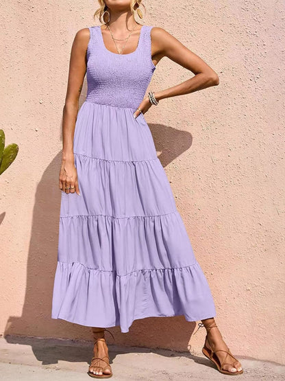 Smocked Tiered Midi Dress with Wide Straps Lavender