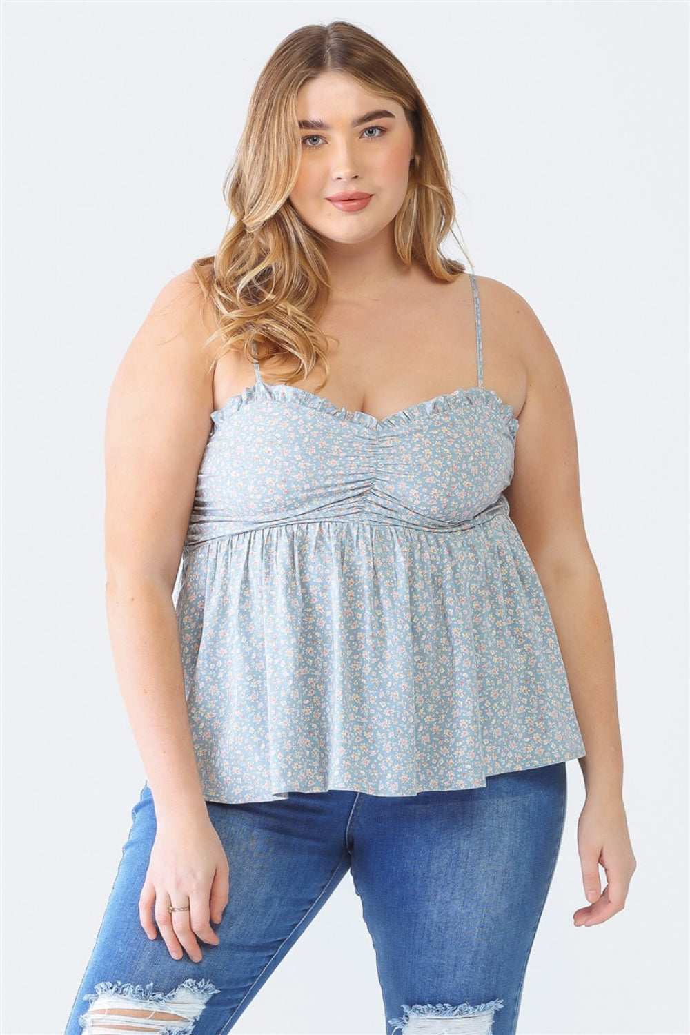 Zenobia Plus Size Frill Smocked Floral Sweetheart Neck Cami Blue