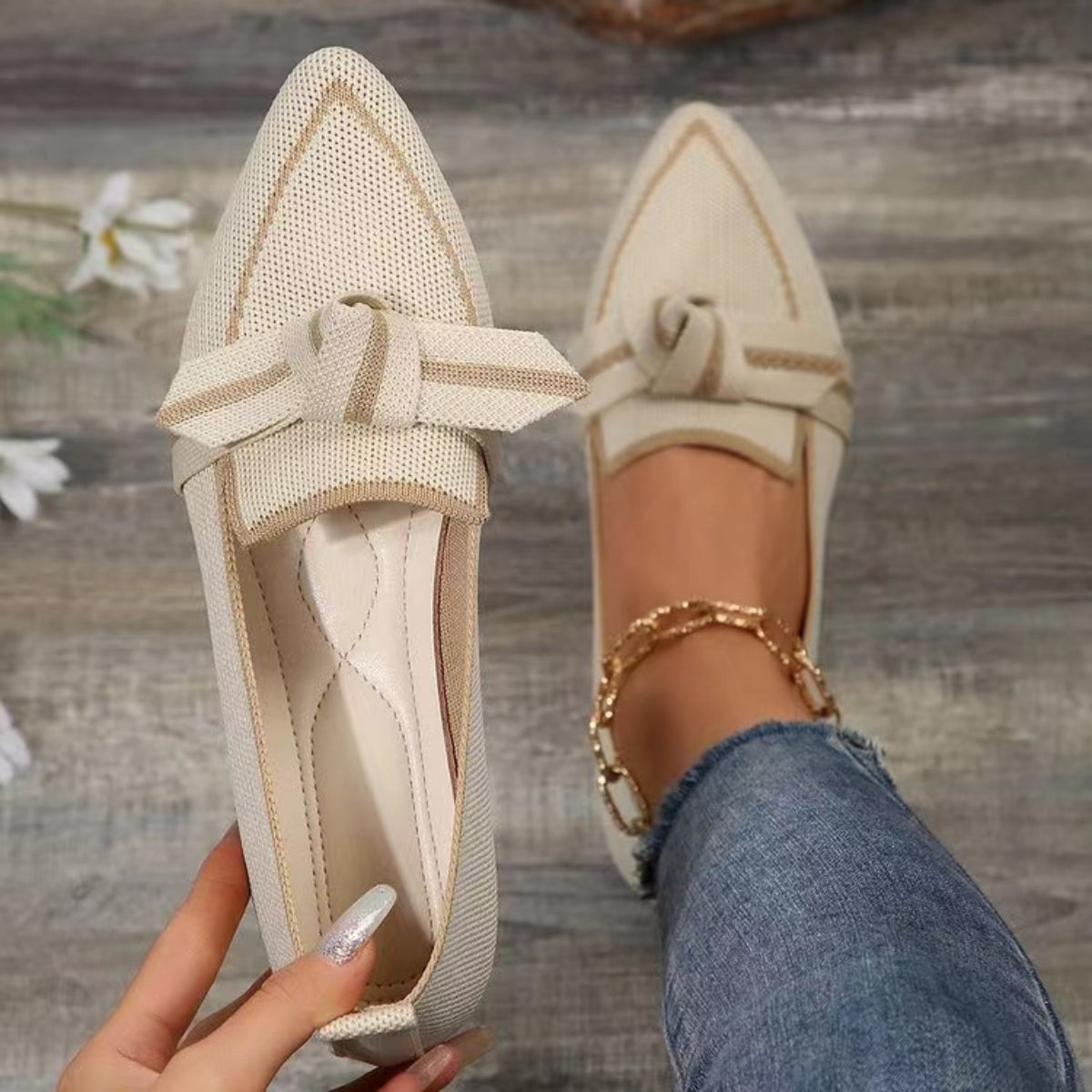 Pointed-Toe Loafers with Bow Detail Ivory