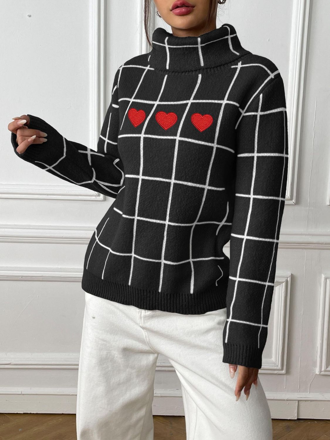 Heart Plaid Turtleneck Long Sleeve Sweater Black