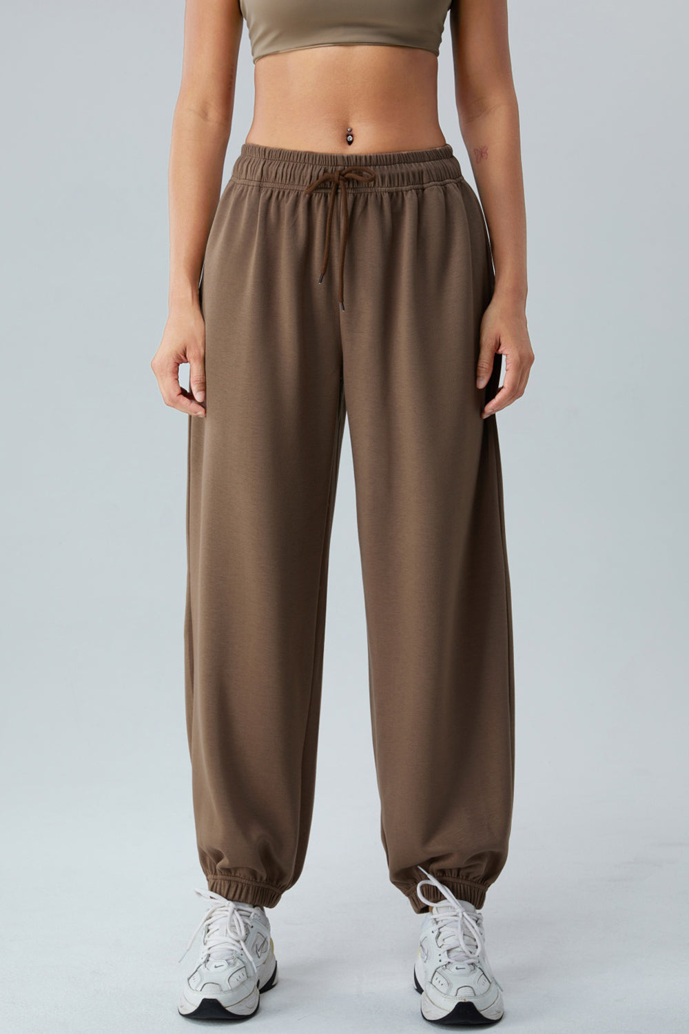 Drawstring Pocketed Active Pants Brown