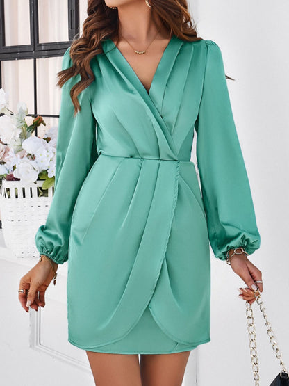 Ruched Surplice Long Sleeve Mini Dress Gum Leaf