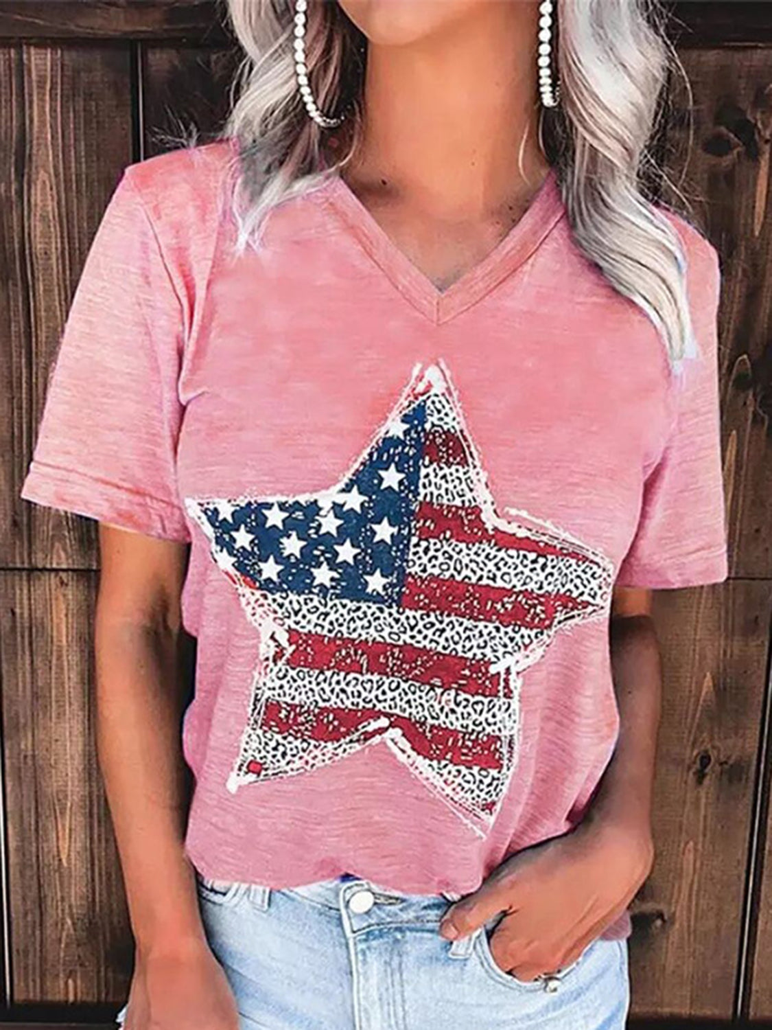 US Flag Graphic V-Neck Short Sleeve T-Shirt Blush Pink