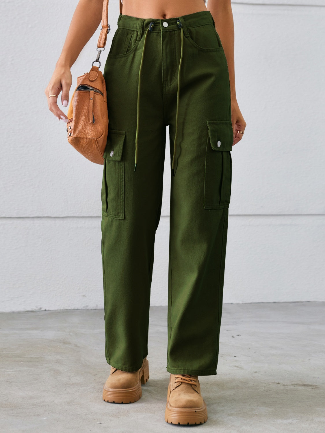 Drawstring Mid-Rise Waist Straight Cargo Jeans Army Green