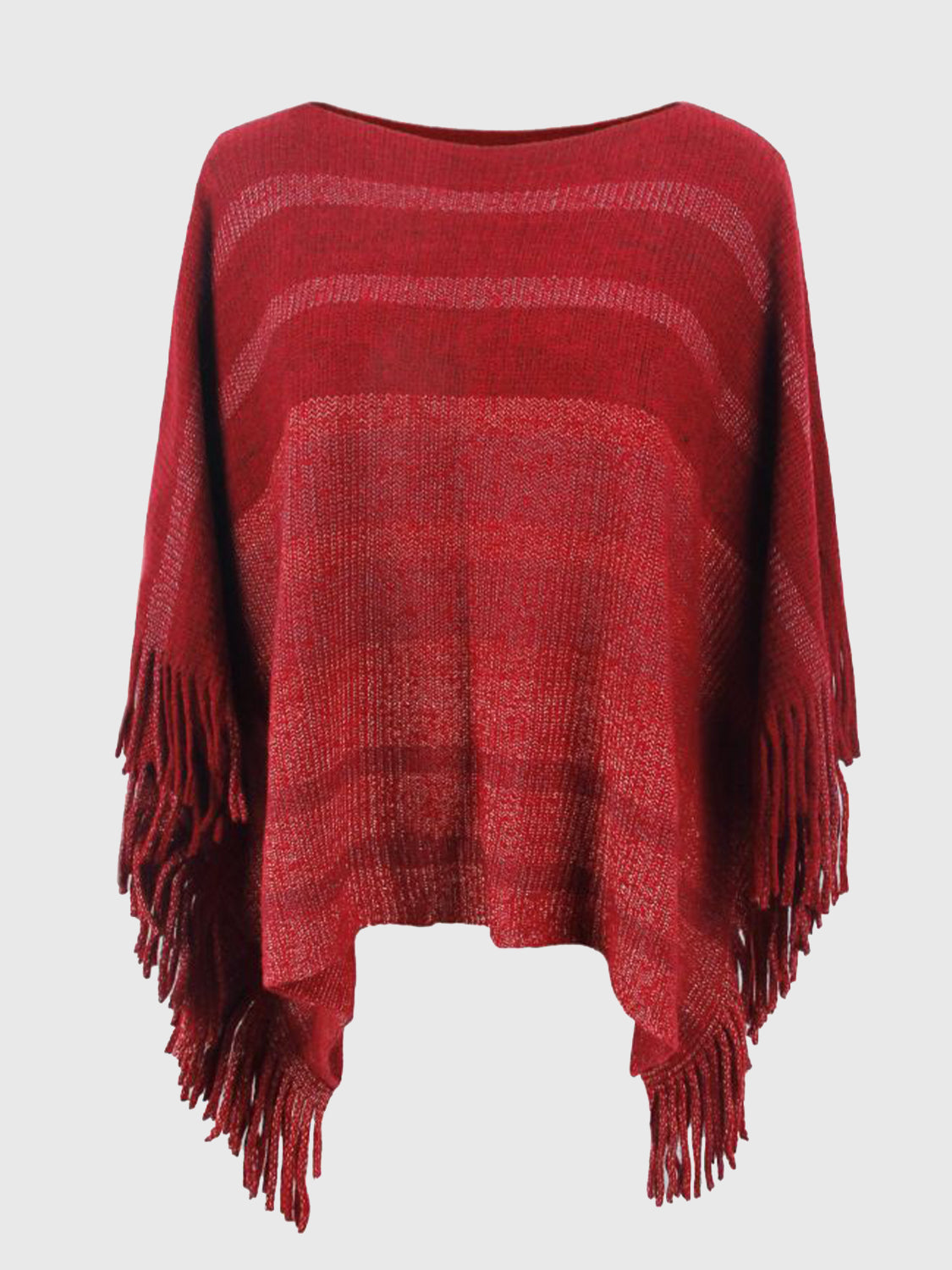 Striped Boat Neck Poncho with Fringes Deep Red One Size