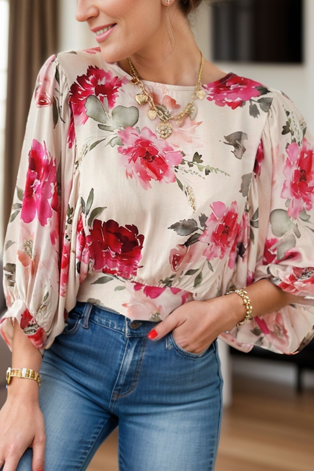 Tied Floral Round Neck Three-Quarter Sleeve Blouse Floral