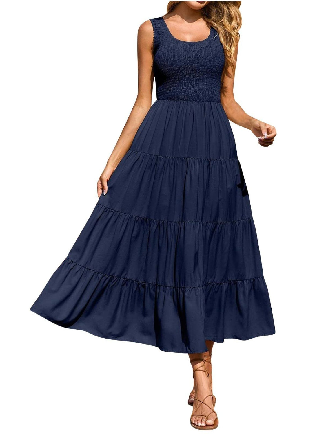 Smocked Tiered Midi Dress with Wide Straps