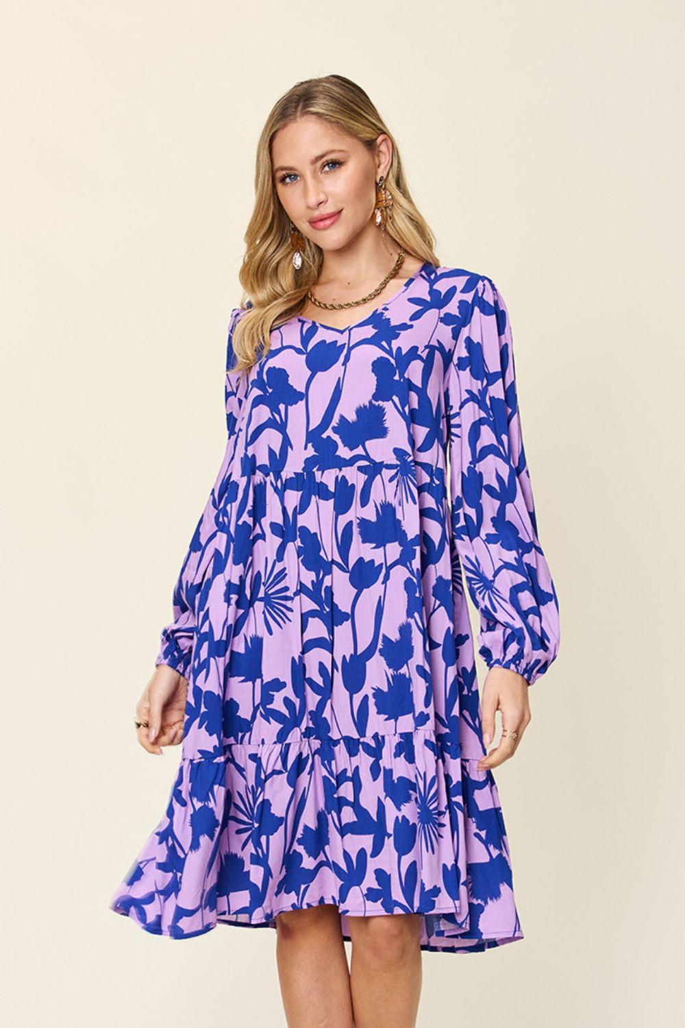 Printed Ruffle Hem Long Sleeve Rayon Dress Lavender