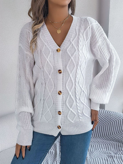 Cable-Knit Long Sleeve Cardigan White