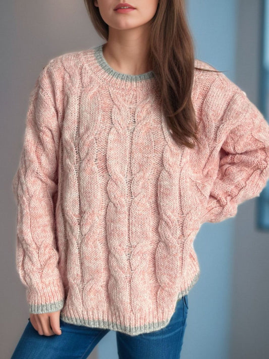 Cable Knit Round Neck Long Sleeve Sweater Watermelon pink One Size