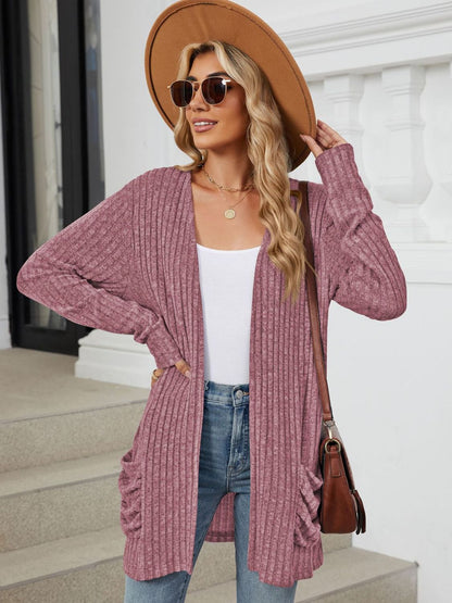 Pocketed Open Front Long Sleeve Cardigan Plum