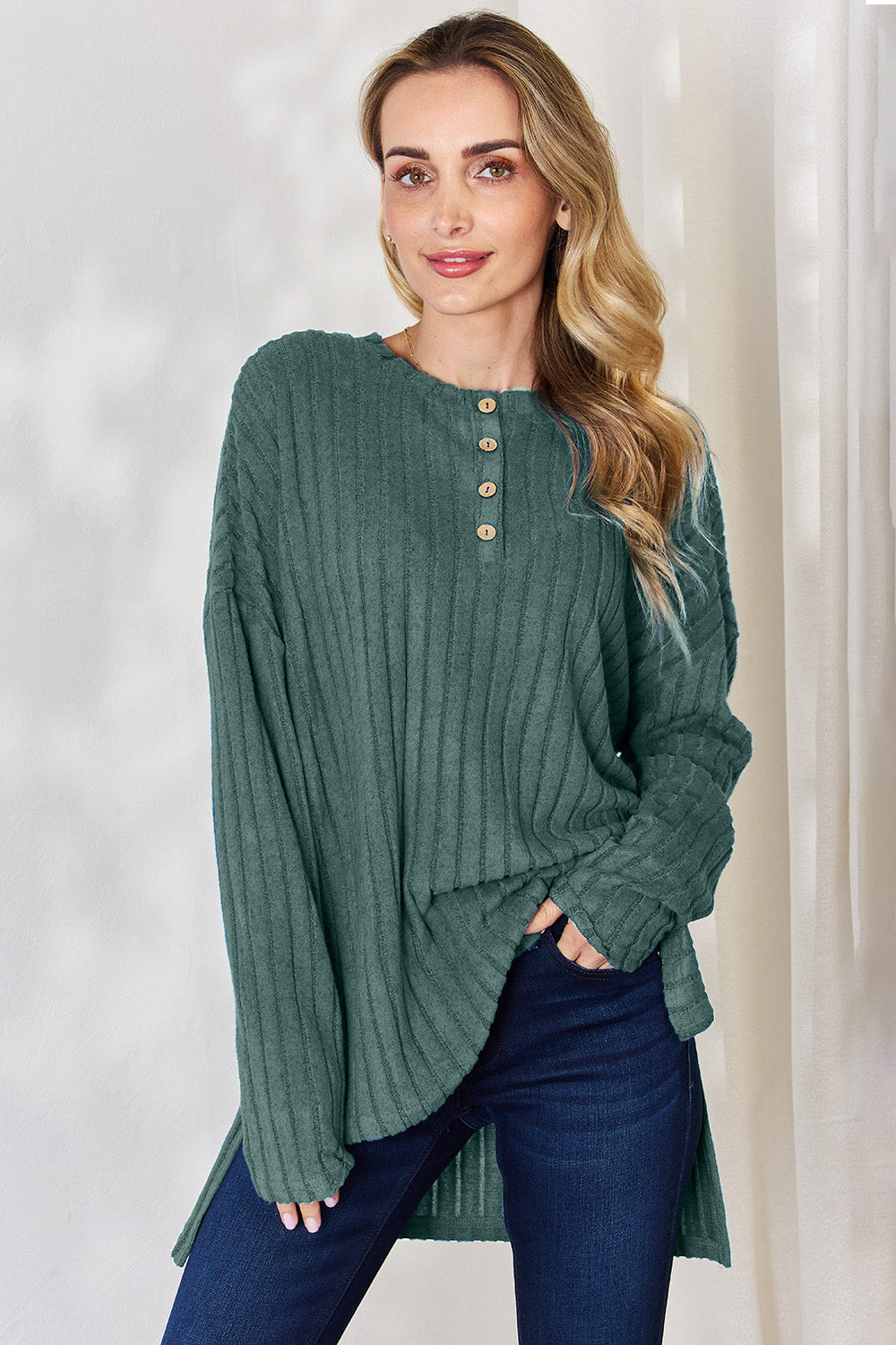 Basic Bae Full Size Ribbed Half Button Long Sleeve High-Low T-Shirt Army Green