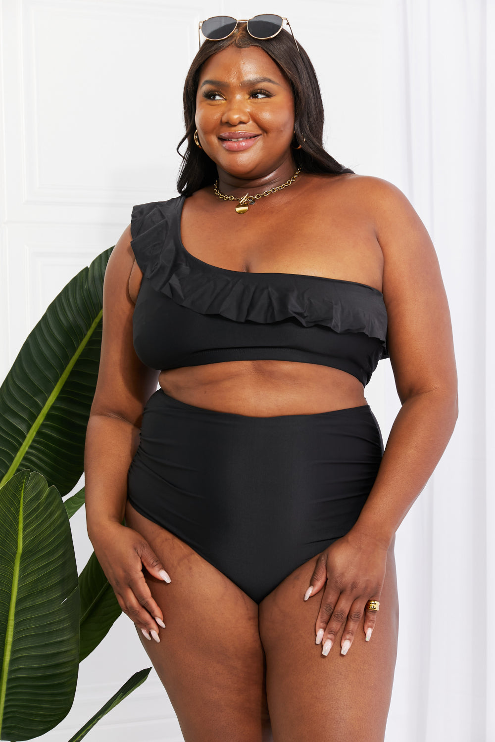 Black One-Shoulder Ruffle High-Waisted Bikini