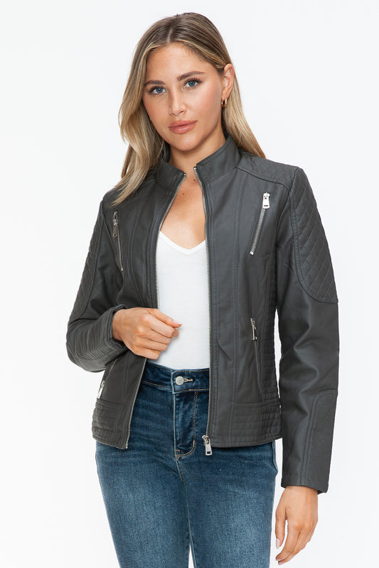 Snobbish Faux Leather Zip Up Mock Neck Jacket Charcoal