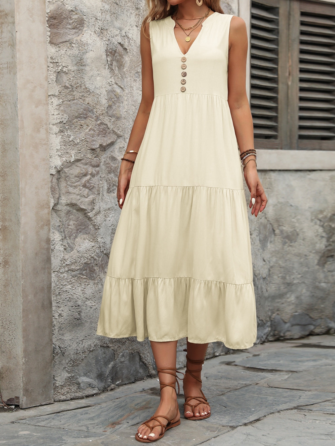 Cotton Sleeveless Dress with Decorative Buttons
