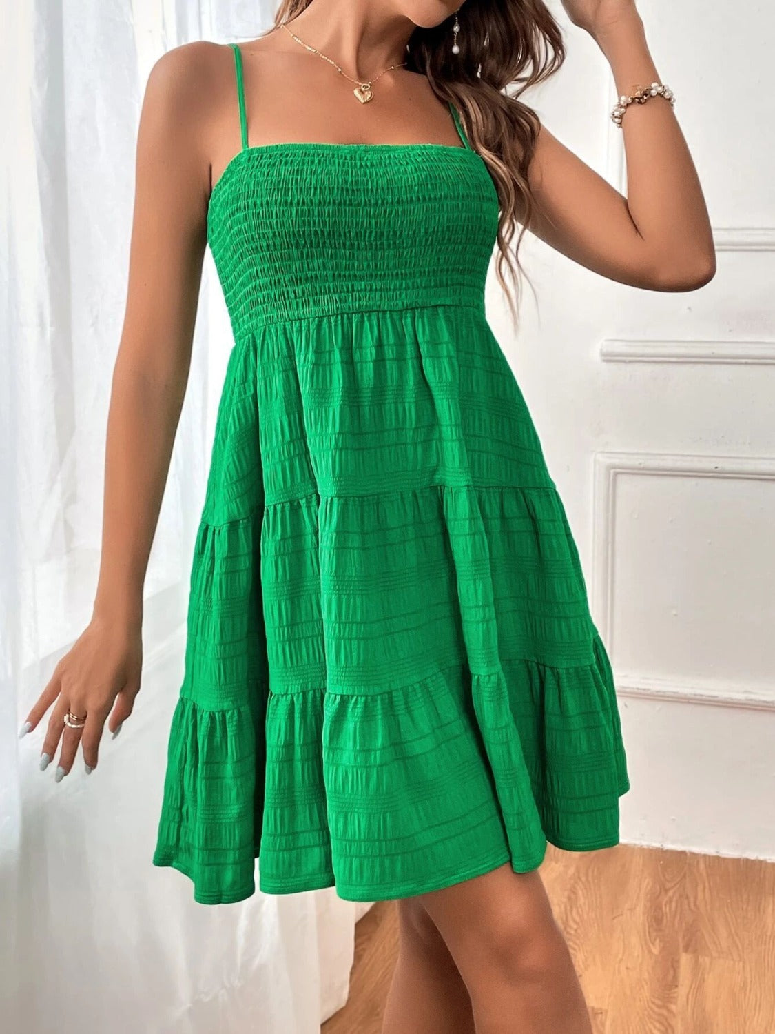 Tiered Smocked Square Neck Cami Dress Green