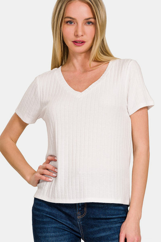 Zenana Ribbed Short Sleeve T-Shirt Off White