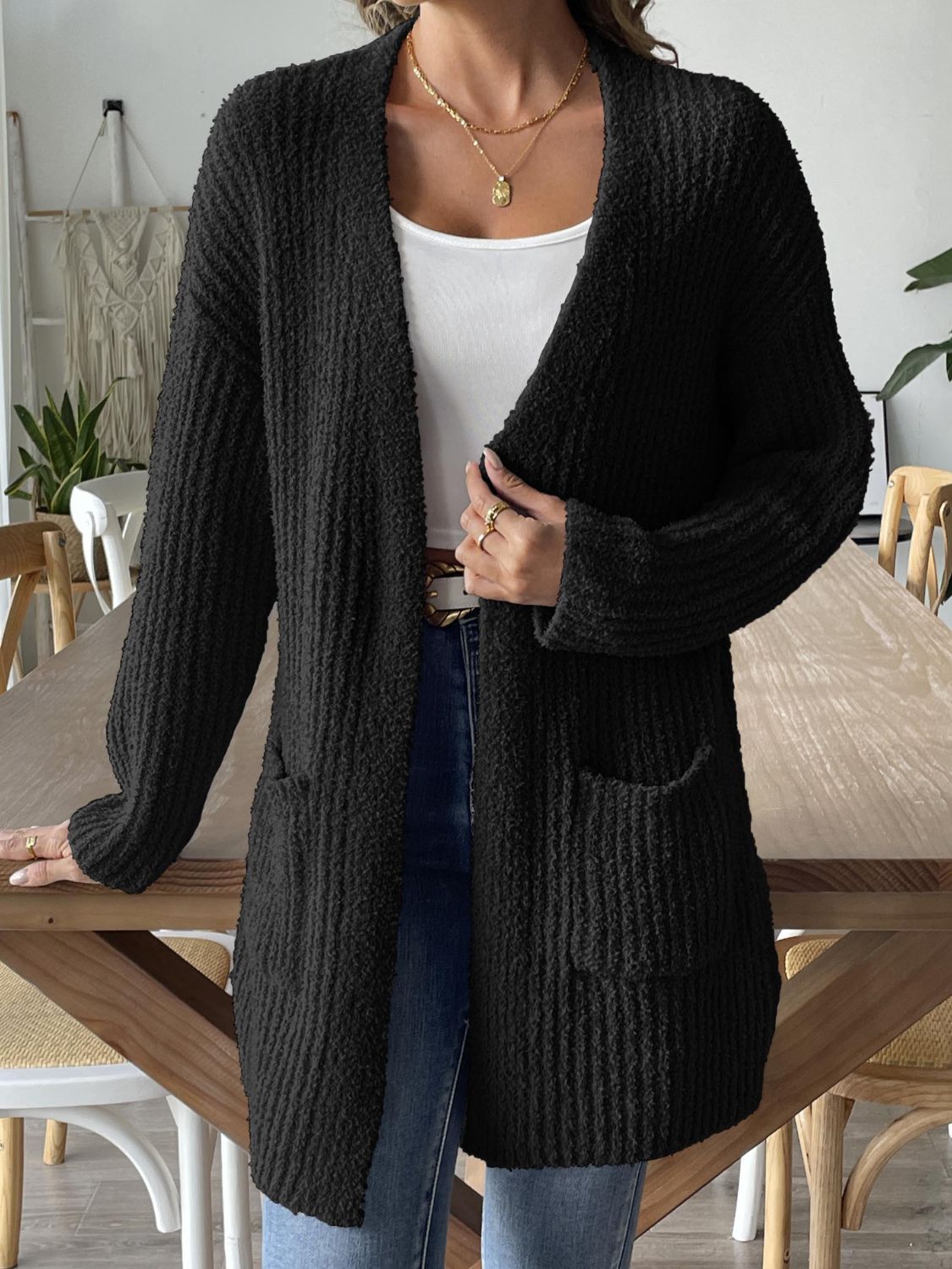 Open Front Long Sleeve Cardigan Black