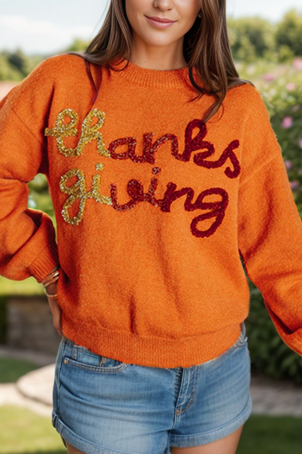 Letter Round Neck Long Sleeve Sweater Tangerine