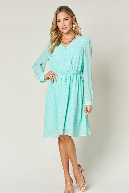 Printed Ruched V-Neck Long Sleeve Dress