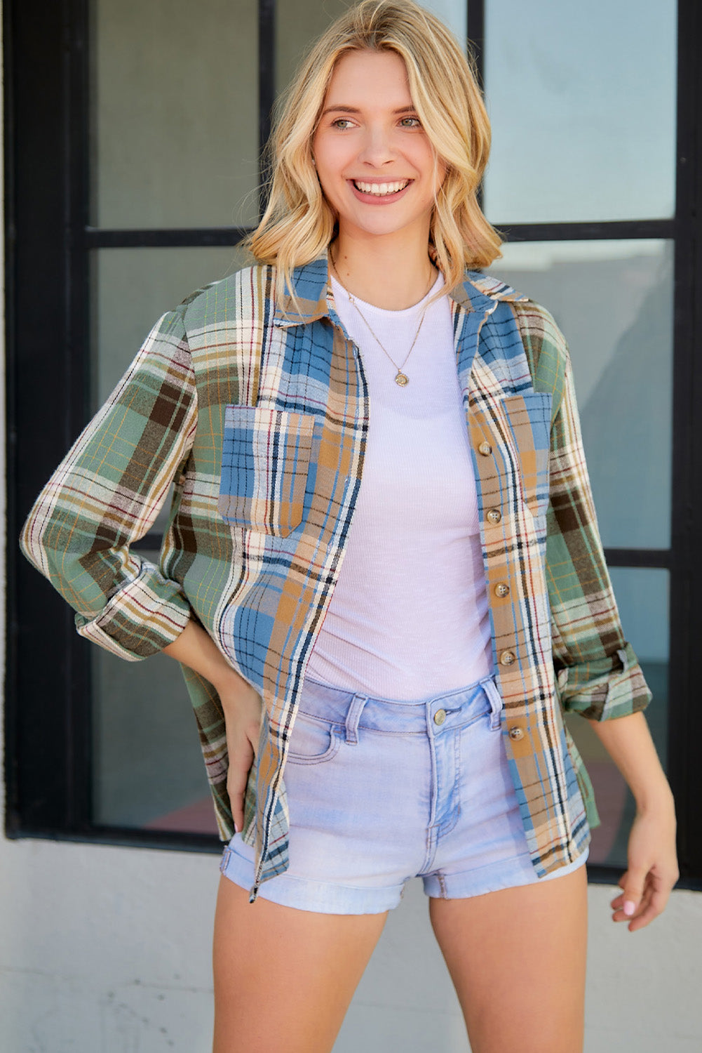 Stretchy Plaid Button-Down Shirt