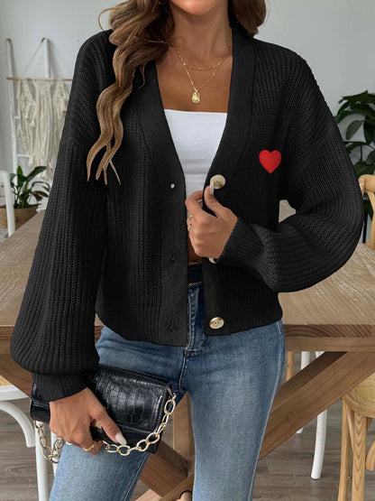 Heart Button Down V-Neck Long Sleeve Cardigan Black