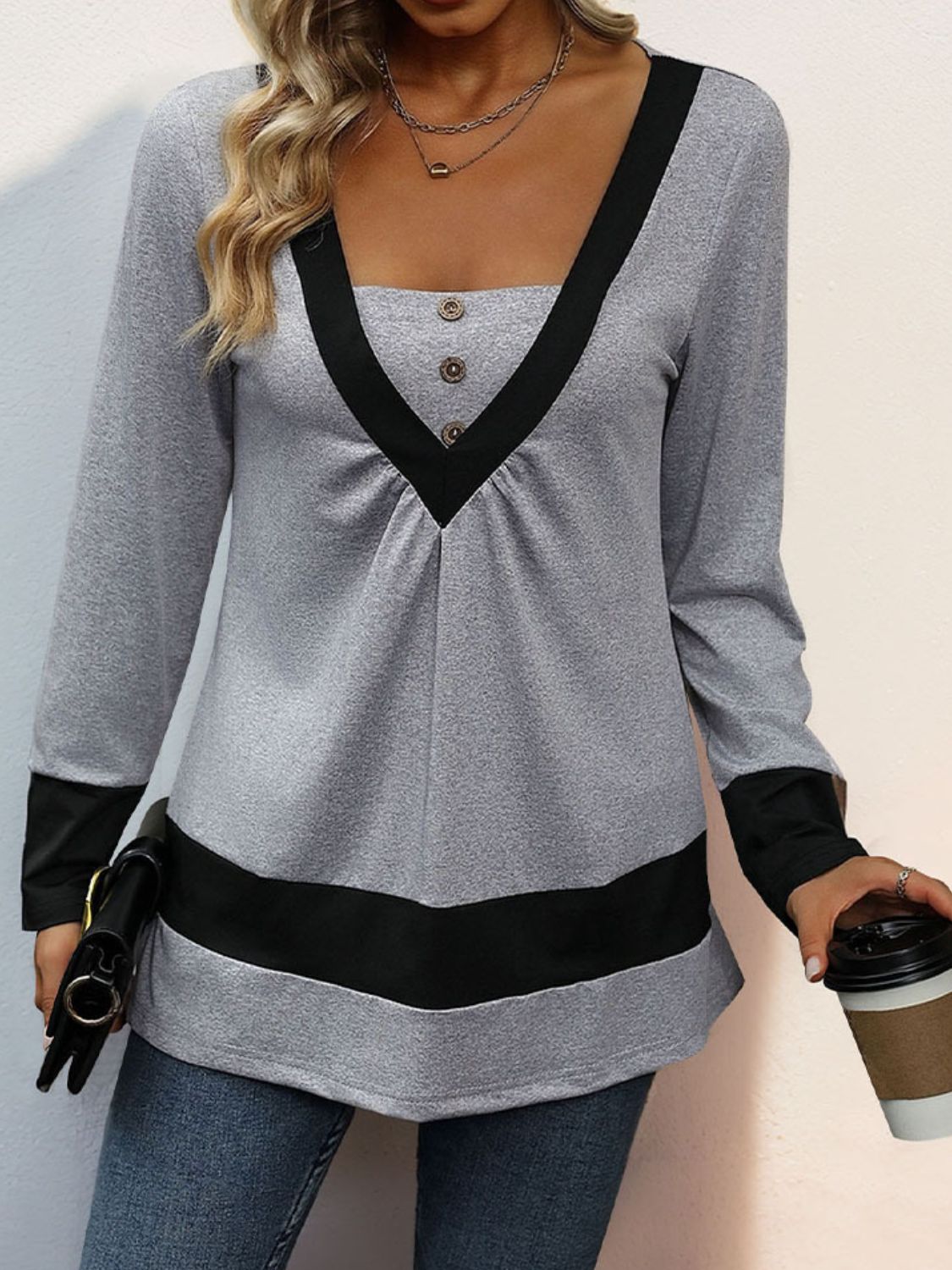 Perfee Contrast Long Sleeve T-Shirt Gray