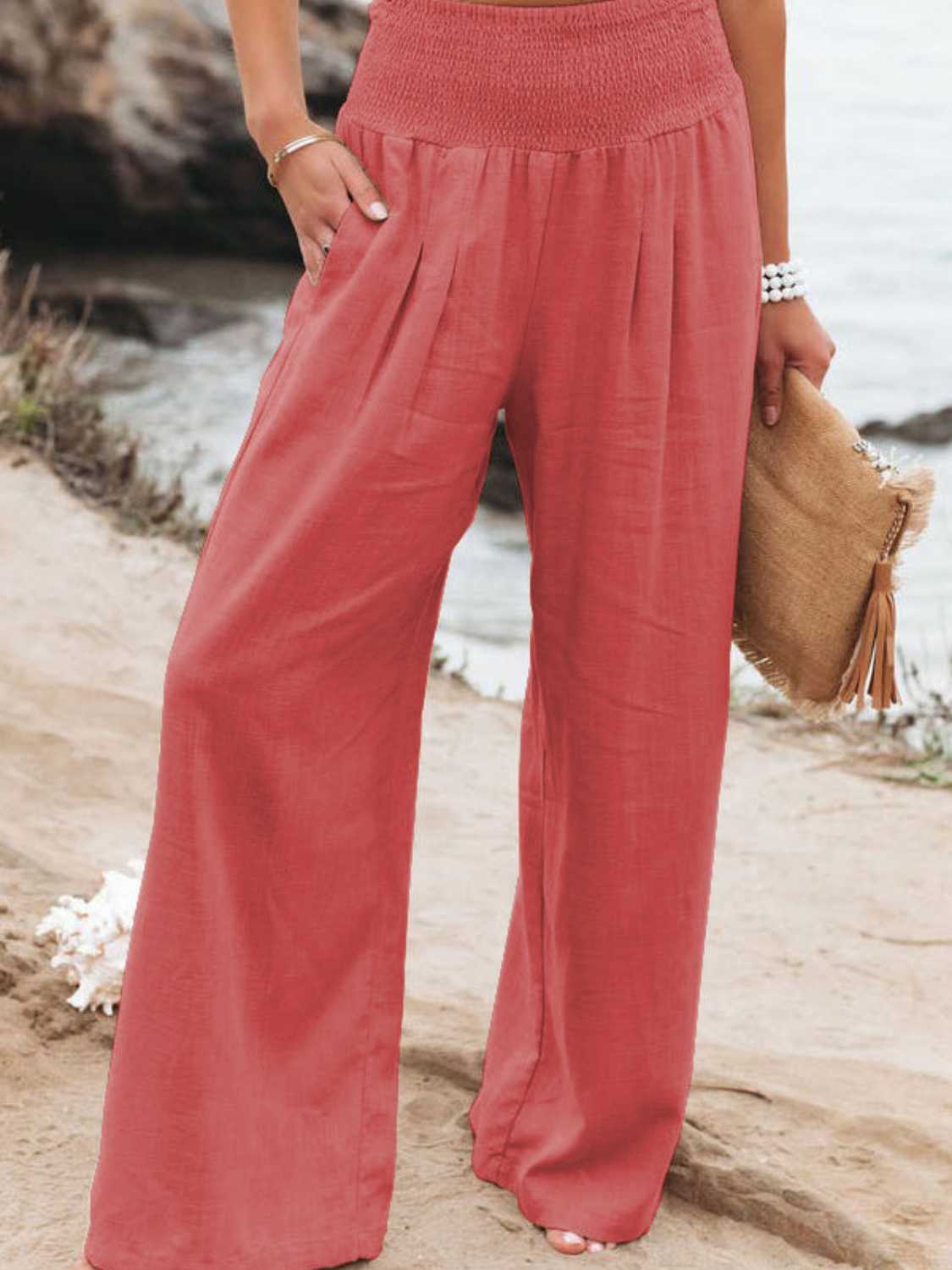 Smocked Waist Wide Leg Pants Coral