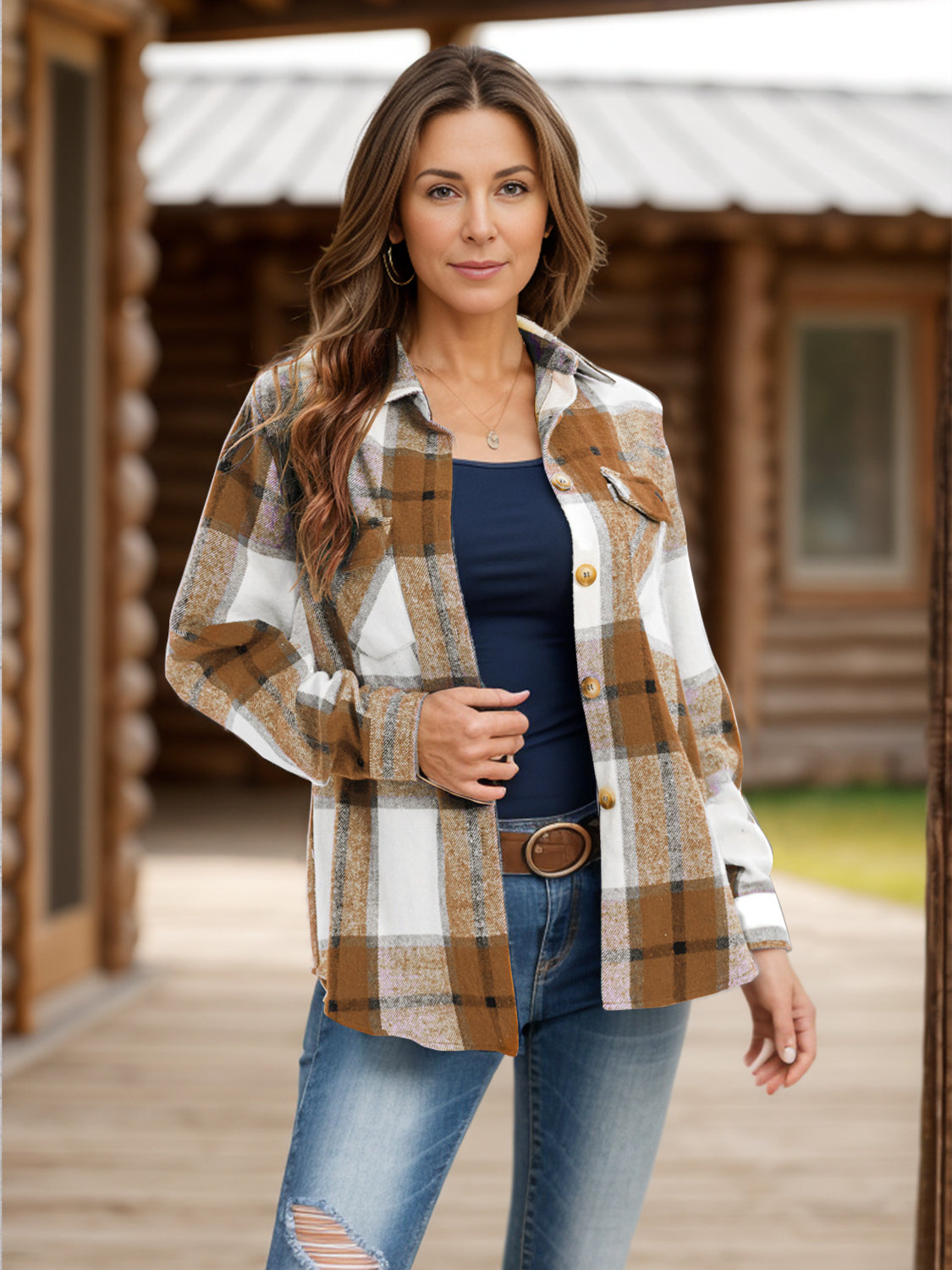 Plaid Shacket with Pockets and Collar Camel