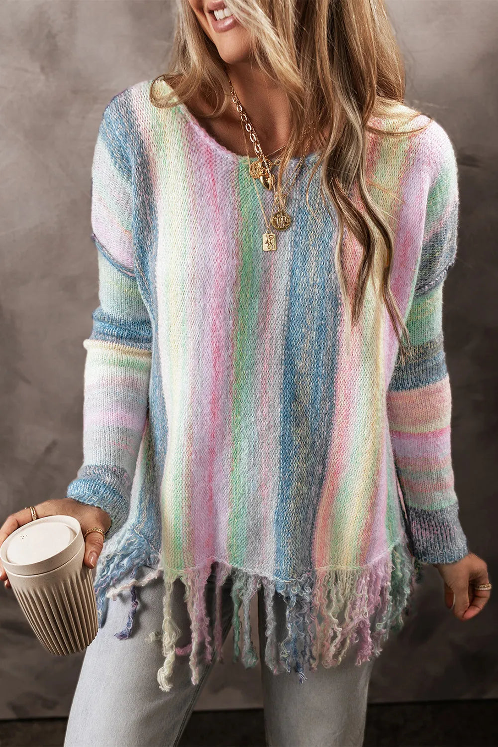 Fringe Color Block Round Neck Sweater Light Blue