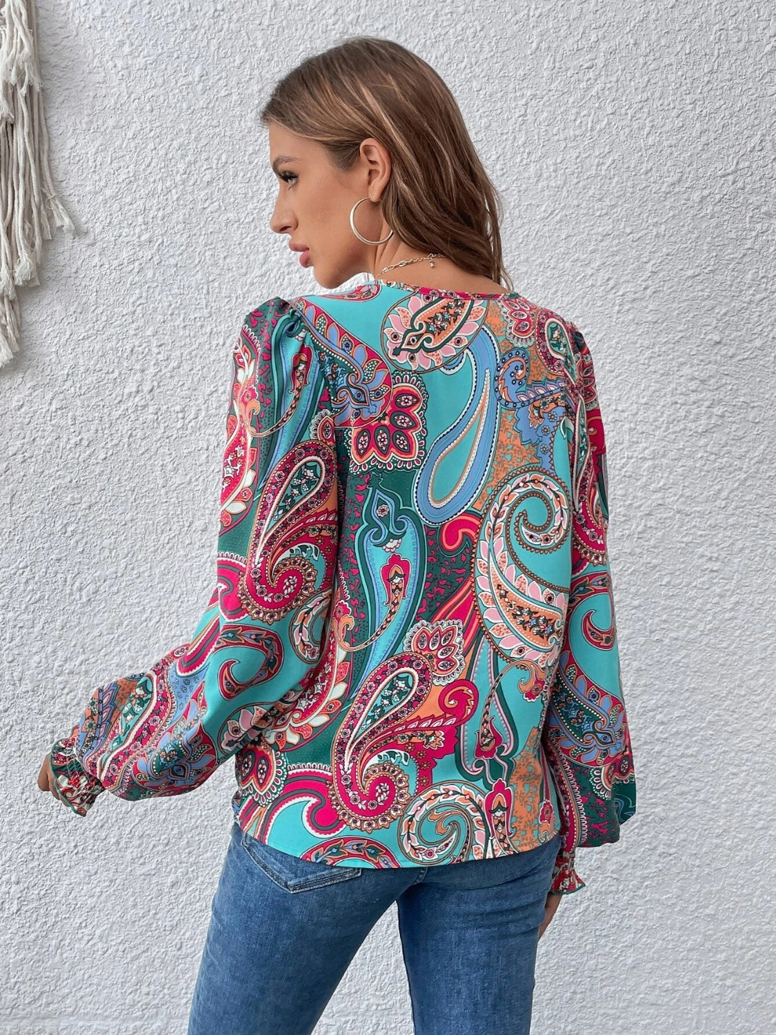 Printed Surplice Smocked Lantern Sleeve Blouse